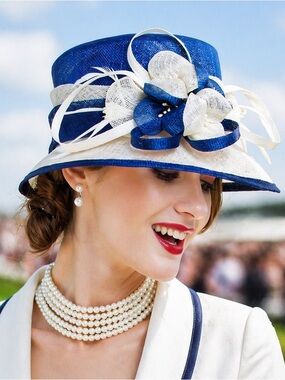 Elegant Blue and White Race Day Hat, Sinamay